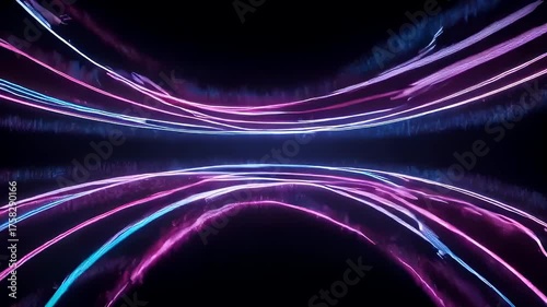 Abstract composition with curved, glowing lines in blue and pink, set against black