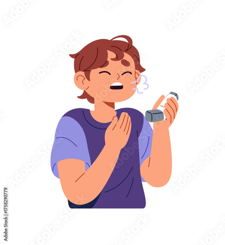 Kid is sick with asthma, holds inhaler in hand. Ill little boy suffers from asthmatic attacks, cough, breathing problems. Kid feels unwell, bad. Flat isolated vector illustration on white background.