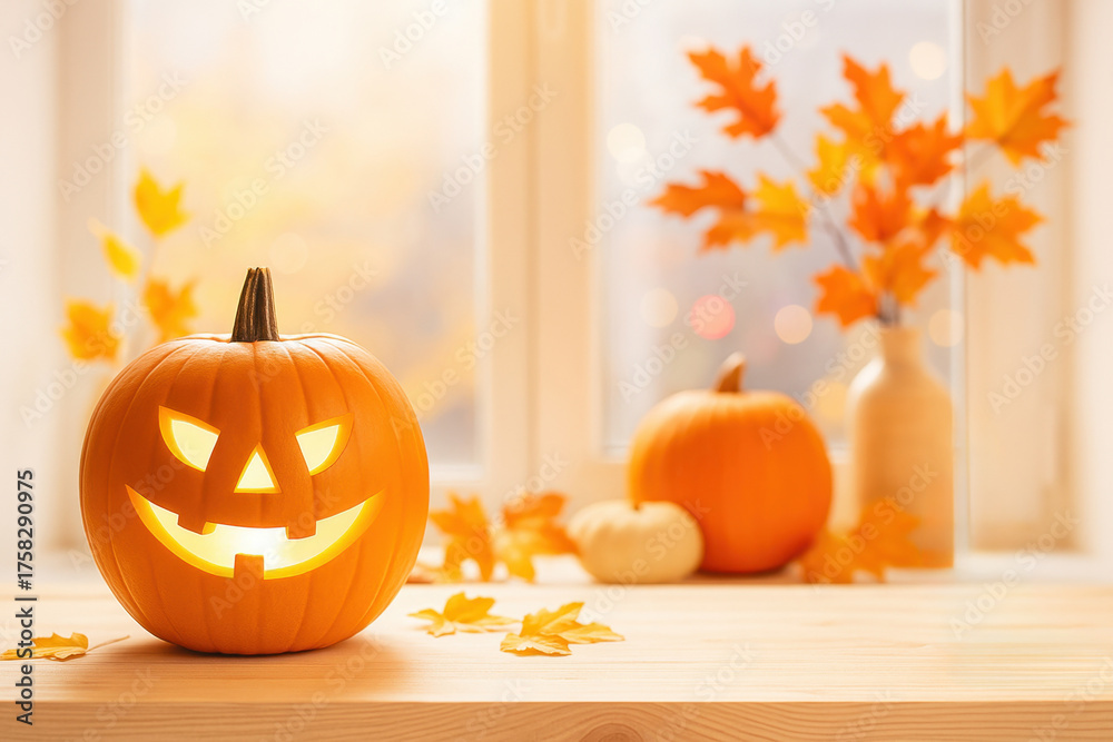 Obraz premium Realistic autumn still life for Halloween with glowing jack-o-lantern, small pumpkins and leaves on wooden table. Warm seasonal composition. Copy space for text