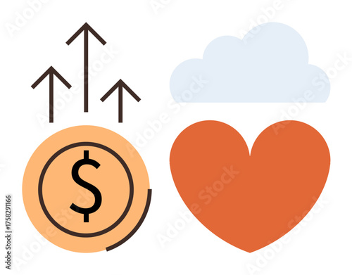 Dollar coin with upward arrows for economic growth, an orange heart symbolizing care and emotion, and a cloud for optimism. Ideal for finance, success, growth, balance, care, innovation positivity