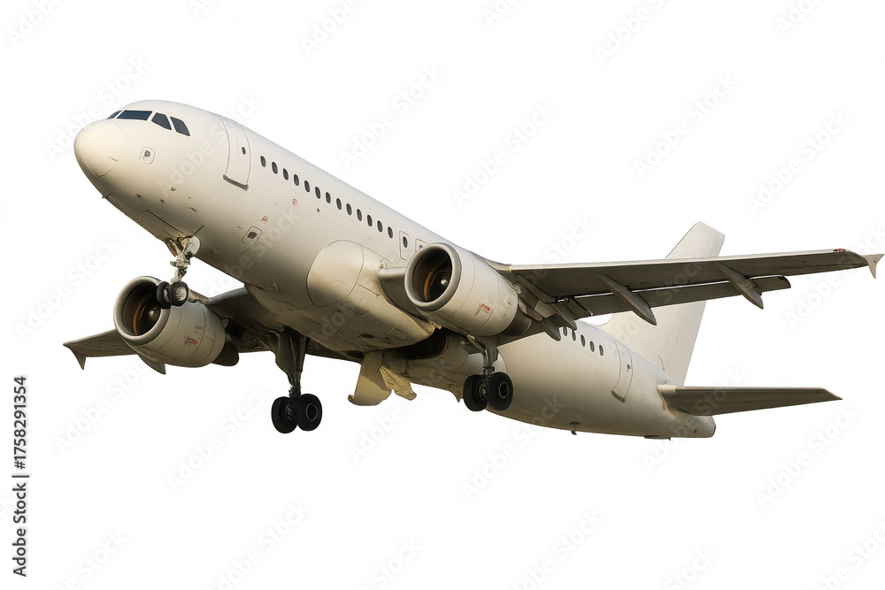 Obraz premium Commercial jet airplane ascending, landing or taking off, flying with landing gear deployed, travel and aviation concept, transparent background