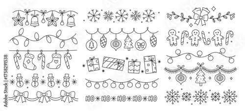 Christmas doodle dividers and borders hand drawn sketch with repeated design set in line art style