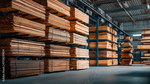 Industrial Lumber Warehouse with Stacked Wooden Boards – Carpentry and Construction Material Storage