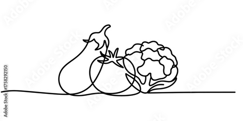 Minimalist continuous single line drawing of an eggplant tomato and cauliflower arrangement representing fresh produce art vector