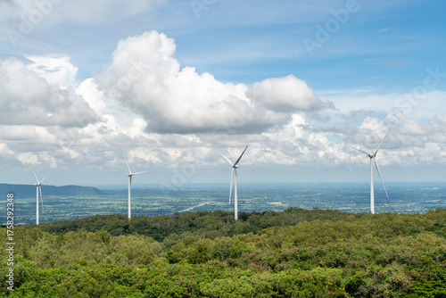 Renewable Wind Energy Turbines on Lush Green Mountain Landscape in Asia