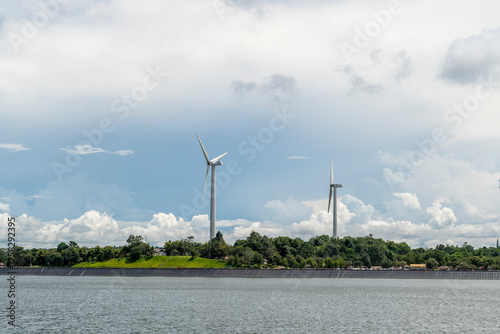 Renewable Wind Energy Turbines on Lush Green Mountain Landscape in Asia