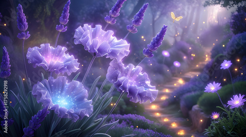 dreamlike enchanted forest, glowing under a moonlit sky. Lavender flowers and glowing blossoms, Enchanted Lavender Path Generative Ai