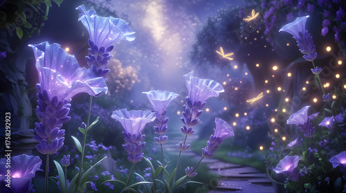 dreamlike enchanted forest, glowing under a moonlit sky. Lavender flowers and glowing blossoms, Enchanted Lavender Path Generative Ai