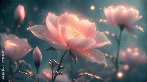 soft pink flowers glowing with a warm, magical radiance Blossoms of Light Generative Ai