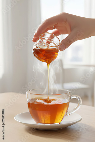 Close-up of hand pouring golden honey into a steaming cup of tea in a glass mug on a wooden table, warm morning light, cozy home atmosphere, natural sweetener and healthy hot drink concept