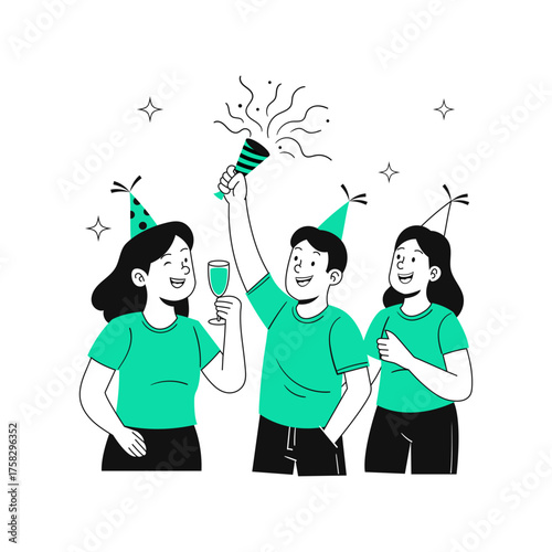 Group of Friends Celebrating New Year with Party Poppers and Drink