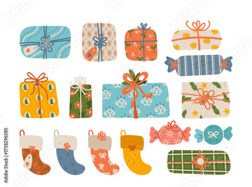 Christmas wrapped candy, decorative stockings and cardboard package boxes with bows hand-drawn set