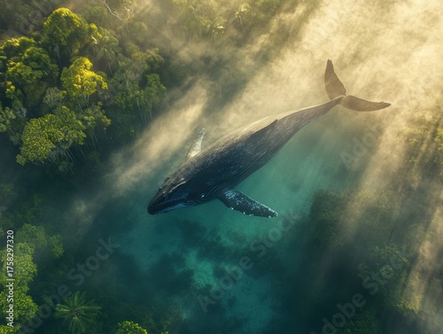 Humpback whale swims through crystal clear waters in a tropical rainforest setting during daylight hours
