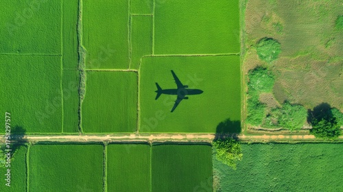 Top-Down Aerial Photo of Green Rice Field with Airplane Shadow – Minimal Rural Agricultural Landscape