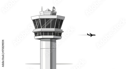 Airport Control Tower with Windows and Radar Aviation Infrastructure.