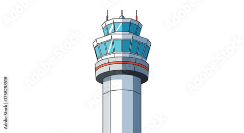 Cartoon Airport Control Tower with Blue Windows and Antennas.