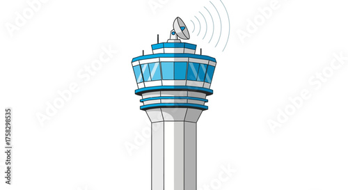 Cartoon Airport Control Tower with Radar and Communication Waves.