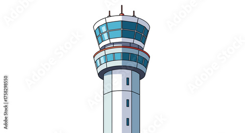 Cartoon Airport Control Tower with Windows and Antennas Illustration.