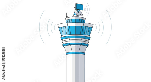 Cartoon Illustration of Airport Control Tower with Antenna and Signals.