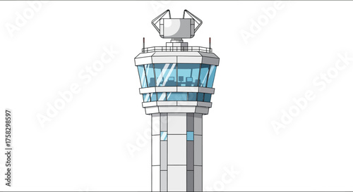 Cartoon Style Air Traffic Control Tower with Radar Dome.