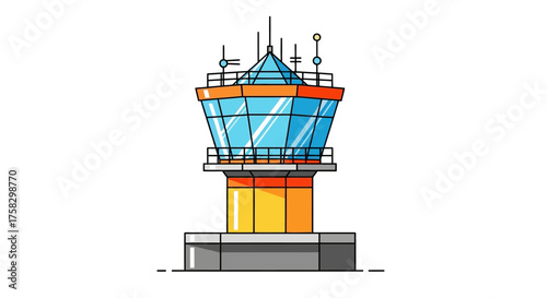 Stylized Airport Control Tower with Blue Windows and Orange Trim.