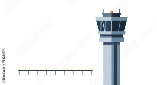 Stylized Airport Control Tower with Approach Lights Illustration.