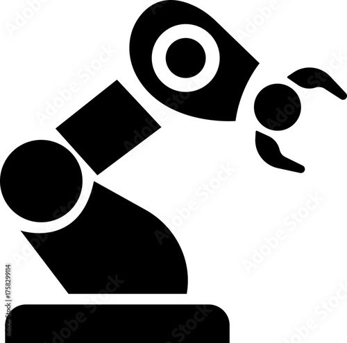 Robotic Arm Icon and Industrial Automation Vector of Mechanical Robot Hand, Factory Machine, Engineering Technology Symbol in Black Flat Style