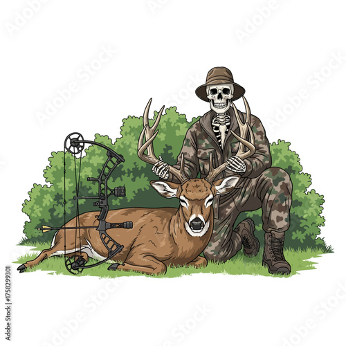 Skeleton hunter kneeling with a trophy deer buck and compound bow vector