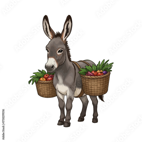 Rustic digital painting of a resilient miniature donkey character carrying a produce basket on its back