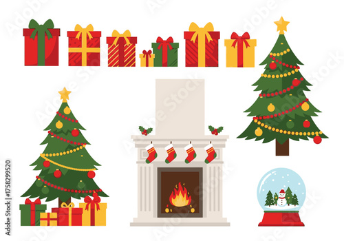 Festive Christmas collection with decorated trees, gift boxes, a cozy fireplace, and a snow globe.