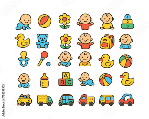 Colorful baby activity icon, cute baby cartoon icon, baby playing vector, baby crawling illustration, baby toy icon, baby feeding cartoon, baby bath time vector, cute baby sleeping icon, baby learning