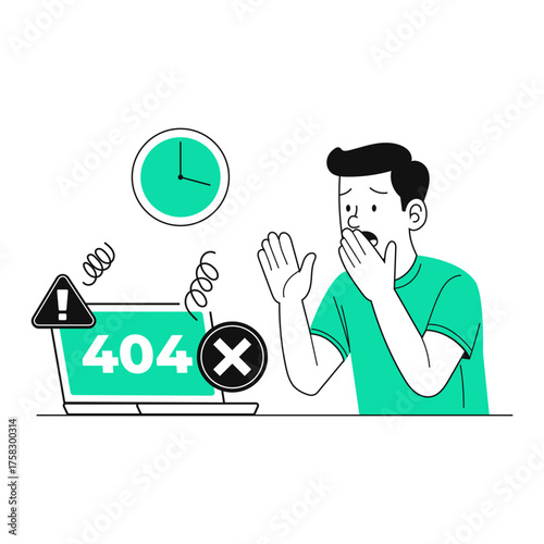 Frustrated user facing 404 error on laptop, highlighting website problems, system failure, and technical difficulties with a clean vector design