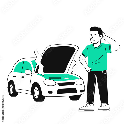 Frustrated man with broken down car needing repair, automotive trouble, car insurance claim, roadside assistance, vehicle breakdown, stressed driver