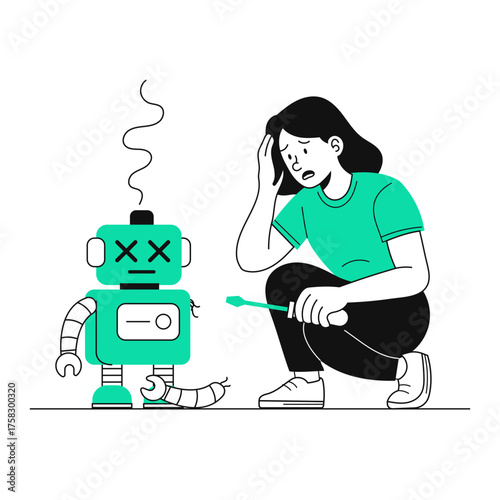 Heartbroken woman and broken robot toy, symbolizing AI failure, technical difficulties, emotional connection, futuristic mishap, and the pitfalls of technology
