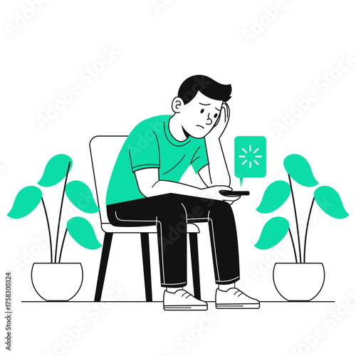Stressed man waiting for phone update in modern office, feeling frustrated by slow loading, symbolizing technology glitches and digital delays, originally vector