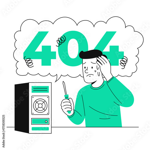 Frustrated IT worker troubleshooting server error message, a modern 404 problem concept, great for tech support, software glitches, or system failures