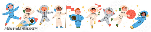 Kids astronauts characters floating and traveling in outer space enjoying boundless wonder of cosmos