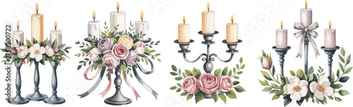 Elegant candle arrangements with floral decor, romantic candelabra illustration, vintage celebration clipart, decorative wedding centerpiece design