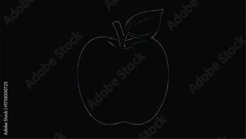 A simple outline drawing of an apple with a stem and leaf on a black background.