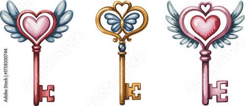Fantasy heart keys with wing design, magical clipart illustration, romantic accessory art, whimsical decorative vintage symbol