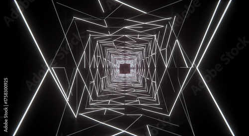 Fototapeta Naklejka Na Ścianę i Meble -  Abstract geometric tunnel with illuminated lines in dark space