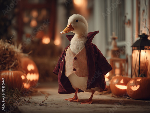 Cute Duck Wearing Cape in Halloween Scene