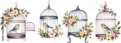 Vintage birdcages with colorful birds, floral decorations, whimsical nature theme, romantic garden illustration, decorative clipart design
