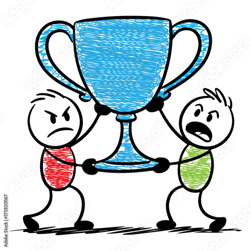 Stick Figures Competing Over Trophy