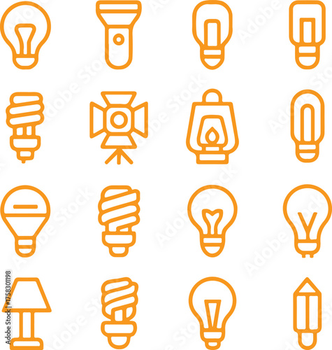 Flashlight Bulbs Icons PNG Set, Incandescent Halogen LED Fluorescent, Lighting Equipment Symbols, Energy Efficient Light Source, Transparent Background Bulb Icons