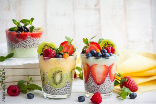 Healthy Chia Pudding with Fresh Fruits and Yogurt in Glass Cups