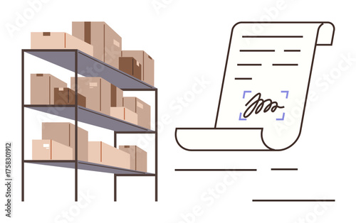 Packed boxes on metal shelves beside a signed contract document, representing logistics, inventory, business agreements, shipping, warehouse organization, retail, and e-commerce. Clean flat metaphor