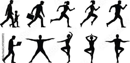 Human activity silhouettes, walking running yoga poses, fitness lifestyle illustration, people movement exercise concept, healthy living artwork
