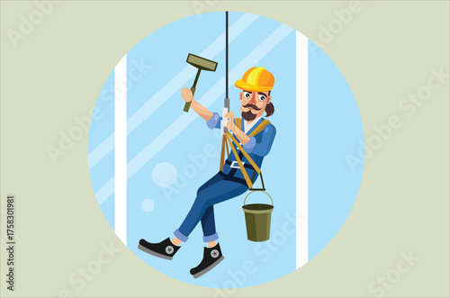 Professional Window Cleaner Hanging on Rope Cleaning Glass Building