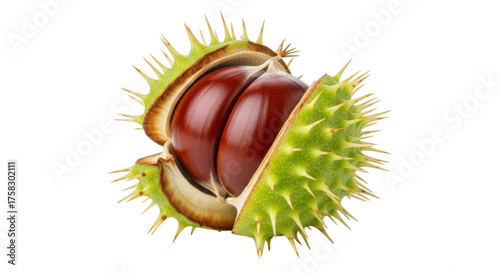 Isolated spiky horse chestnut seed pod with autumn harvest seeds inside; nature item